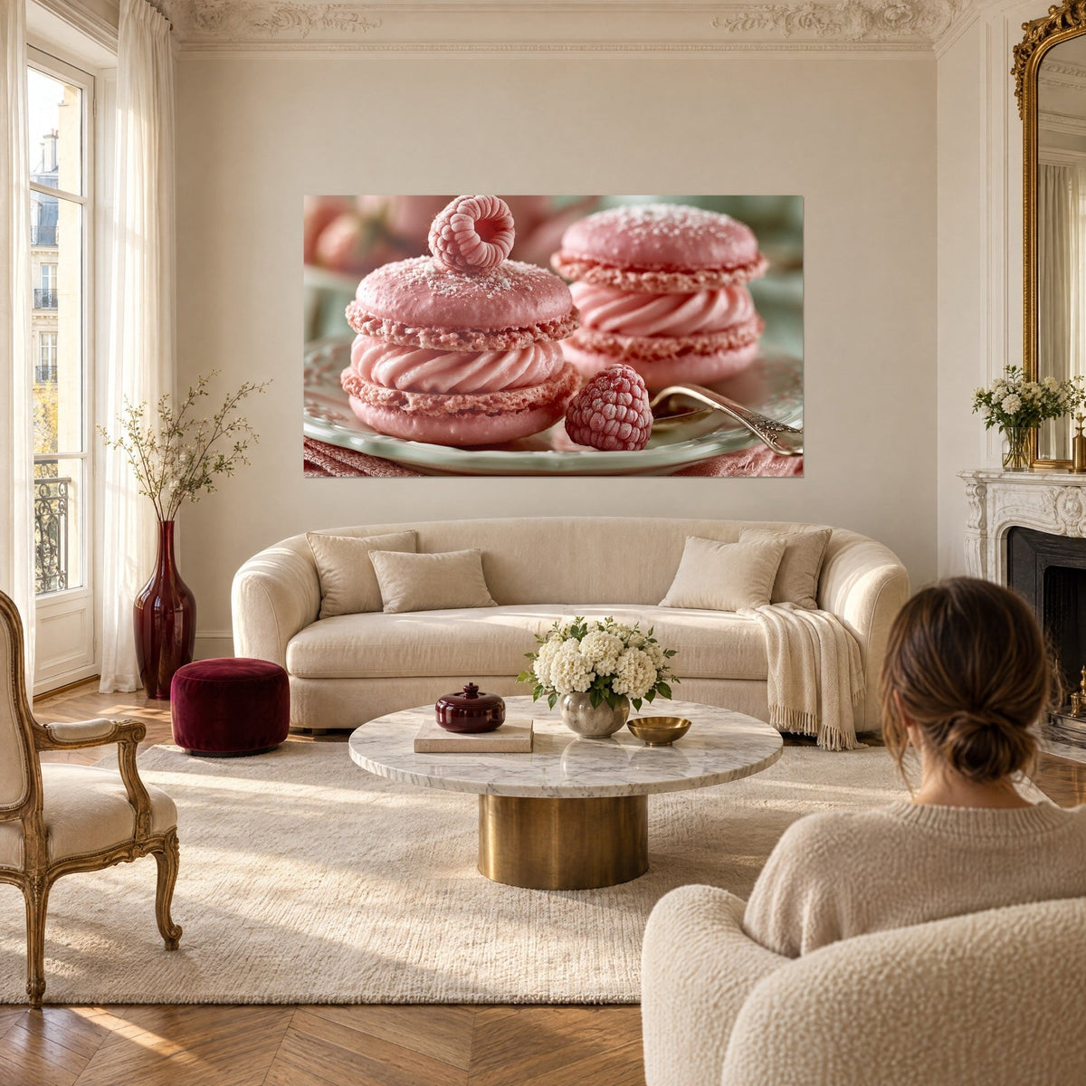 Tableau macarons roses saupoudrés de sucre glace, framboise givrée en couronne, crème rose, au-dessus d'un canapé dans un salon lumineux