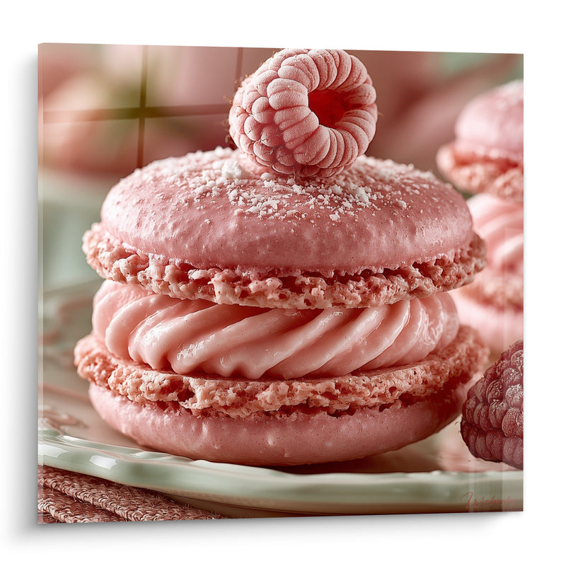 Tableau Macaron rose et blanc à la framboise givrée - Ganache torsadée sur assiette en céramique - Edition Macaron