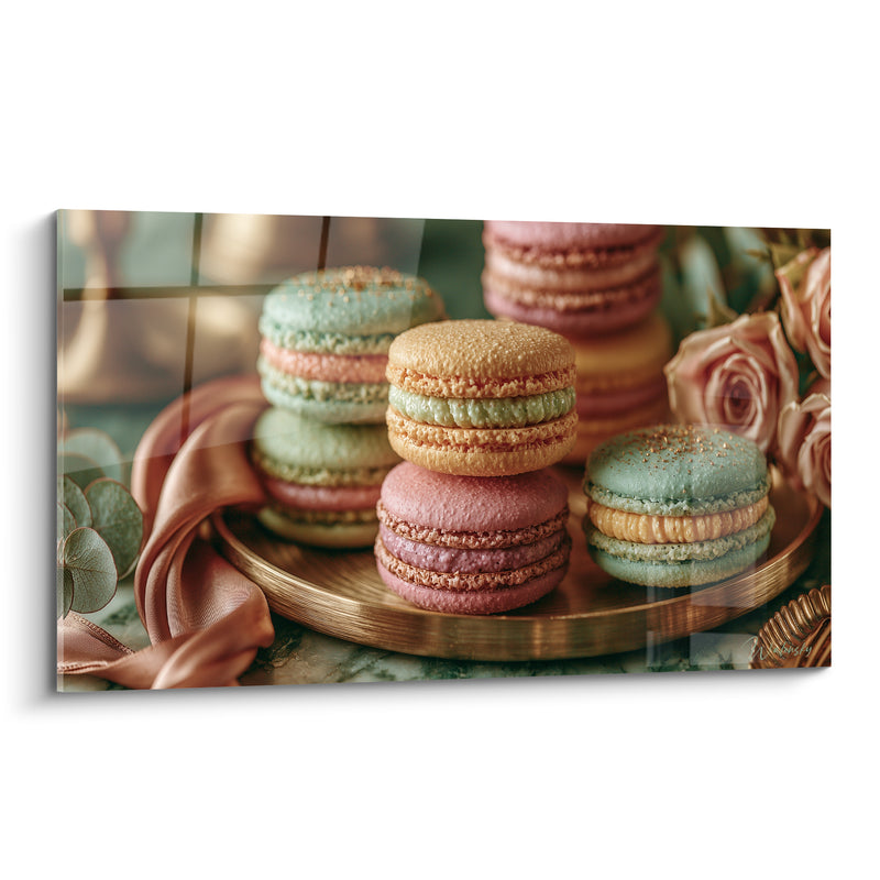 Tableau Macarons vert menthe et rose sur plateau bronze - Roses pâles et ruban satiné - Edition Macaron