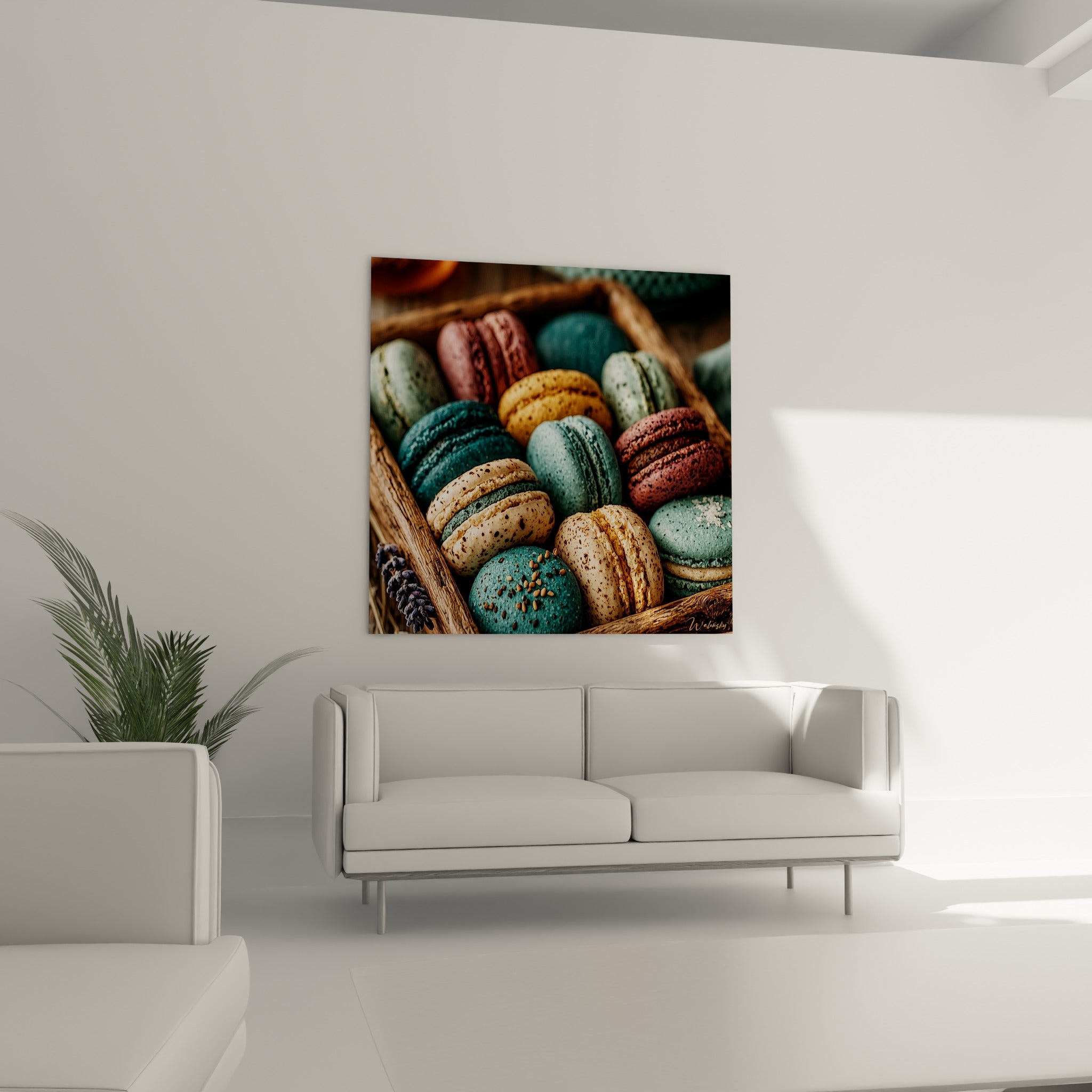 Panier de macarons beige et bleu sarcelle disposé au-dessus d'un canapé dans un salon lumineux