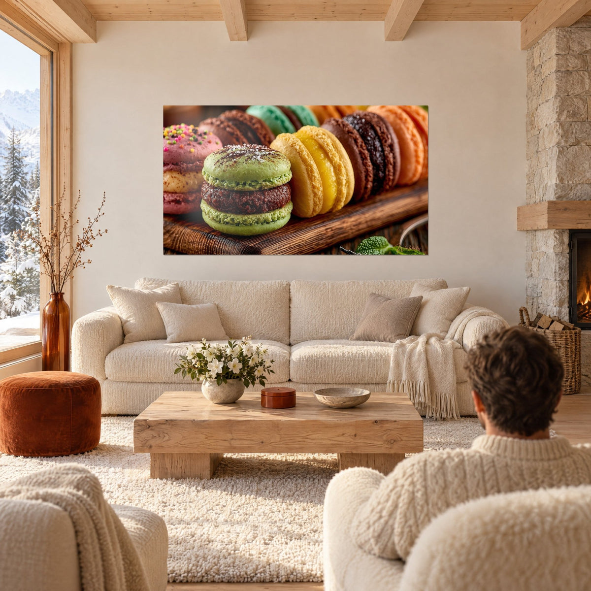 Tableau macaron pistache fourré de ganache brune, rangée de coques jaune et orange, deux personnes de dos au-dessus d'un canapé dans un salon lumineux