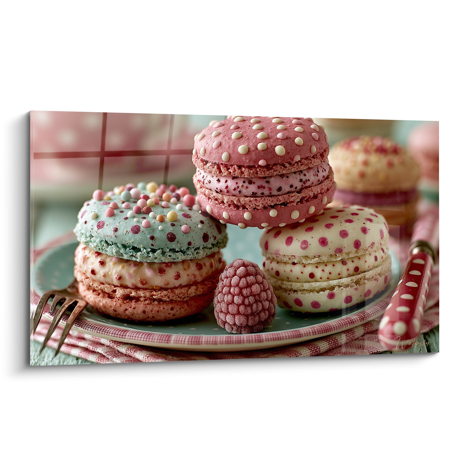 Macarons rose poudré et vert menthe empilés sur assiette à carreaux, glaçage moucheté détaillé