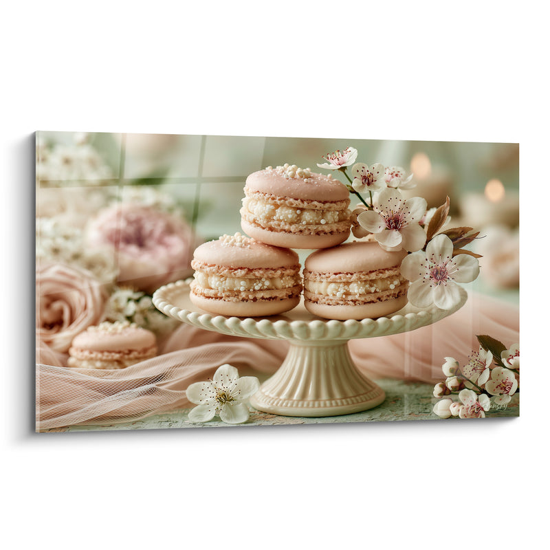 Tableau Macaron rose pâle et ivoire sur piédouche perlé - Voile de tulle poudré - Edition Macaron
