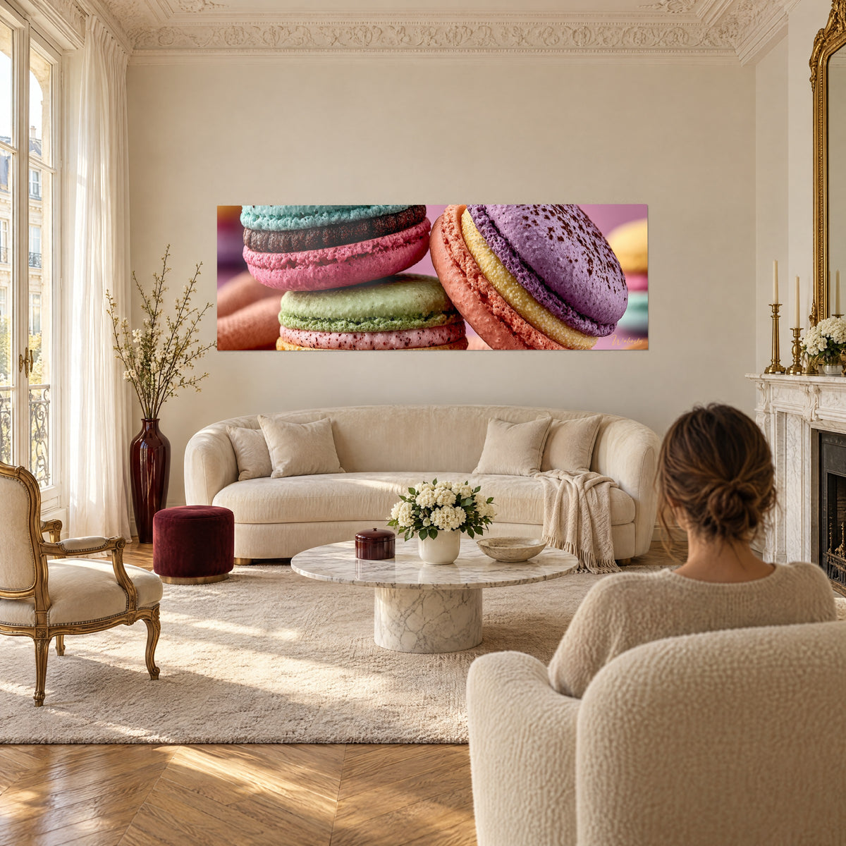 Gemälde französische Macaron-Pyramide, türkis und malvenfarben gesprenkelte Schalen, über einem Sofa in einem hellen Wohnzimmer