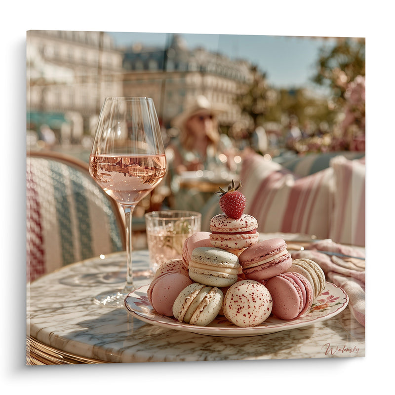 Tableau Macarons roses et verts sur table parisienne - Douceur de terrasse - Edition Macaron