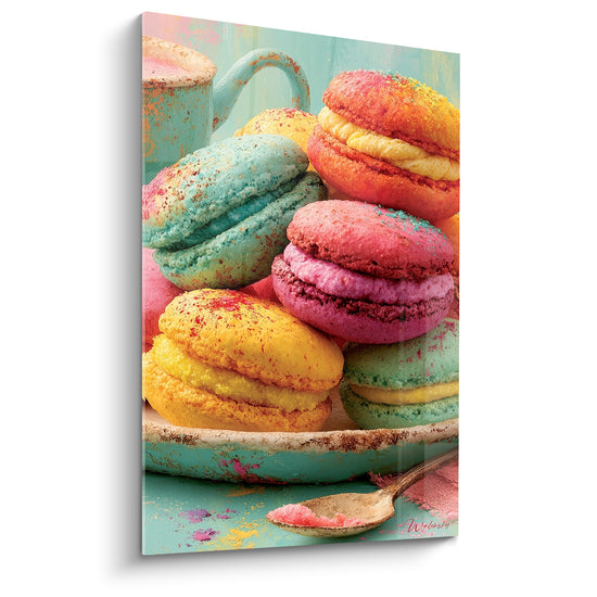 Macarons empilés rose fuchsia et turquoise pastel, texture granuleuse peinte avec relief