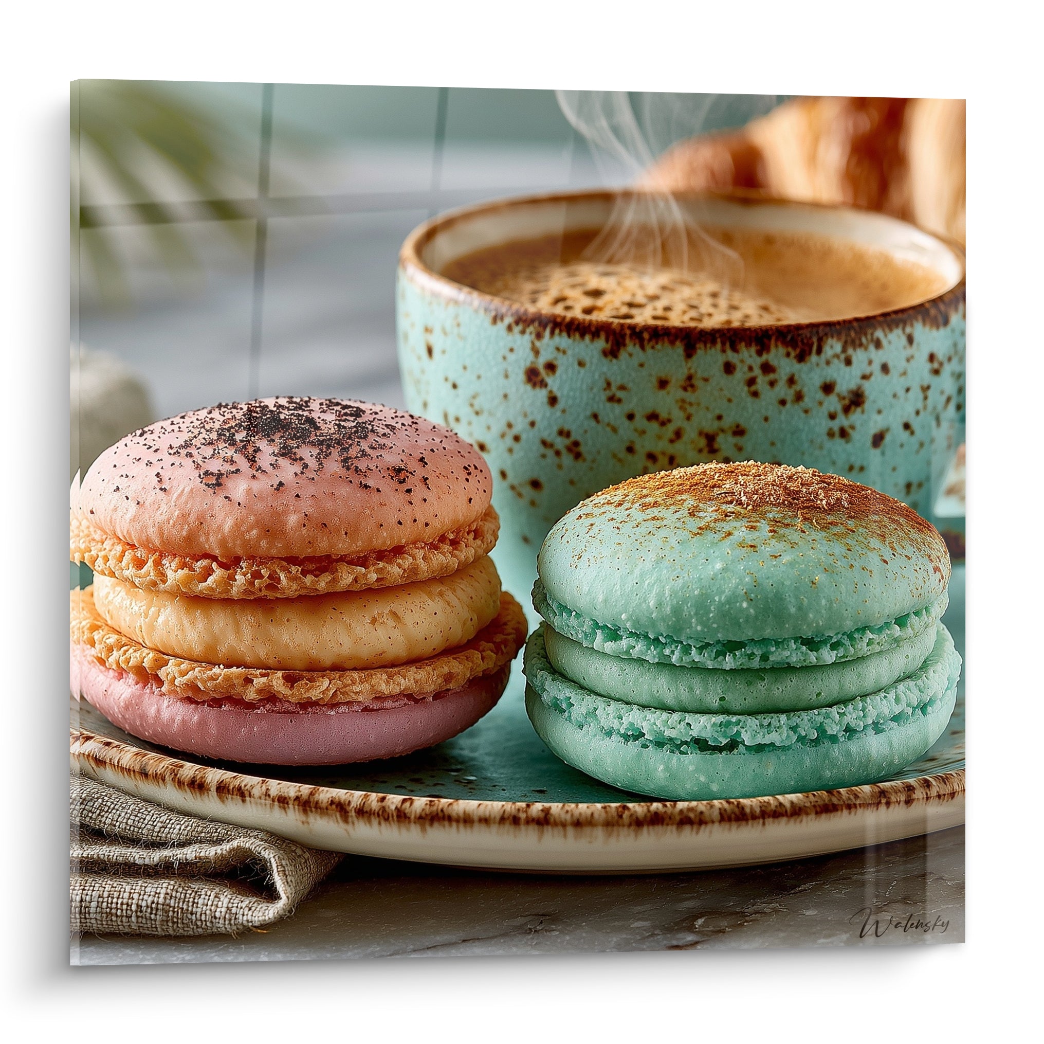 Macarons rose poudré et vert d'eau empilés près d'une tasse de café fumante et d'un croissant doré