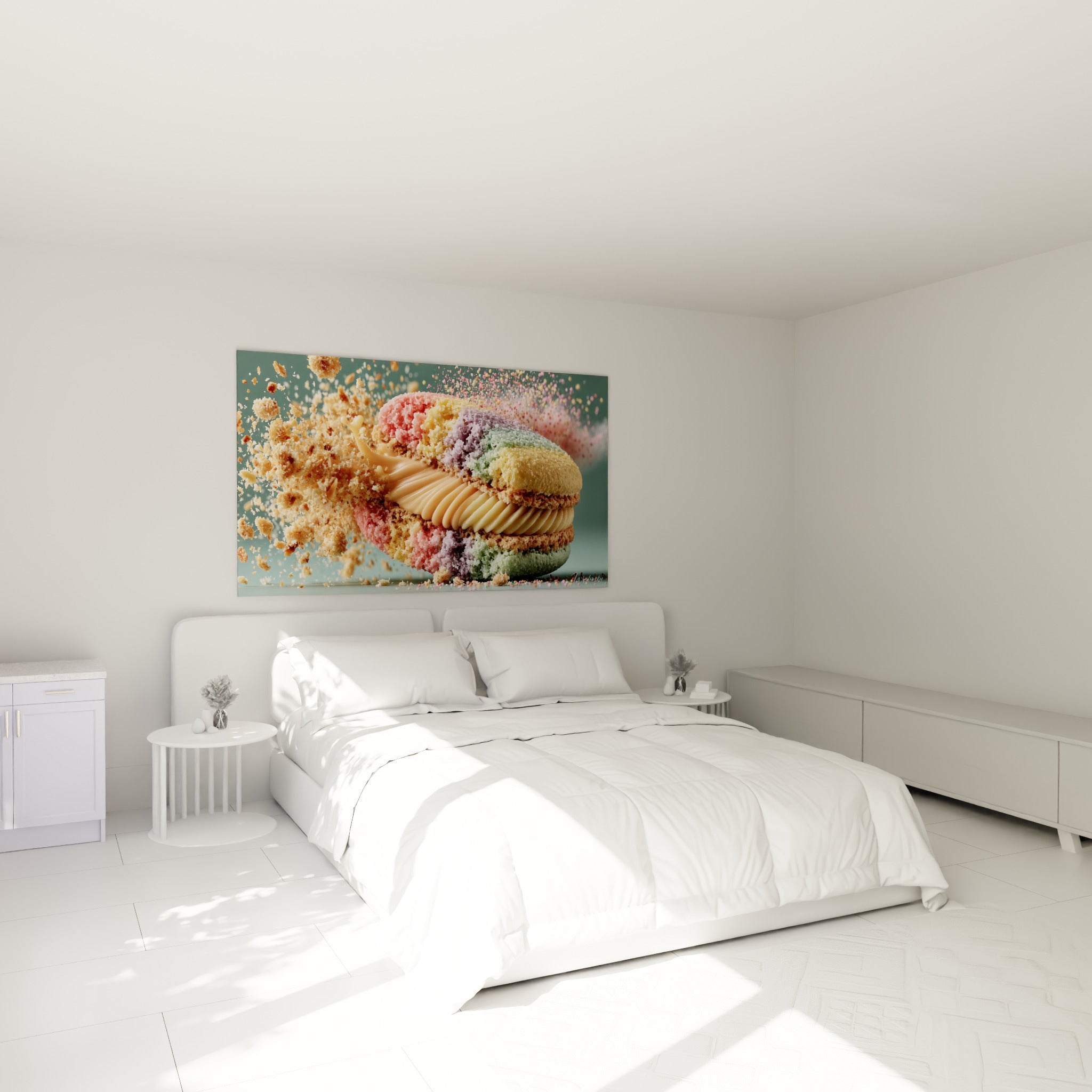 Macaron multicolore et crème caramel accroché au-dessus d'un lit dans une chambre claire
