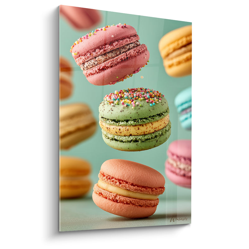 Tableau Macarons rose et vert aux vermicelles colorés - Trio en vol - Edition Macaron