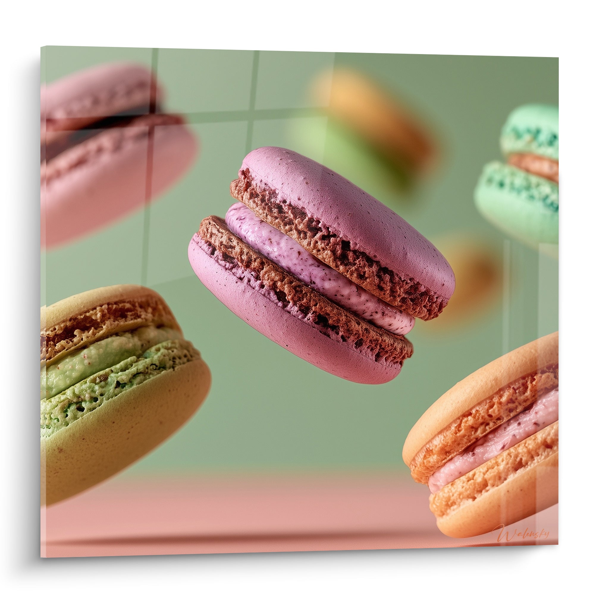 Macarons roses, verts et pêche suspendus en plein vol sur fond vert sauge dégradé