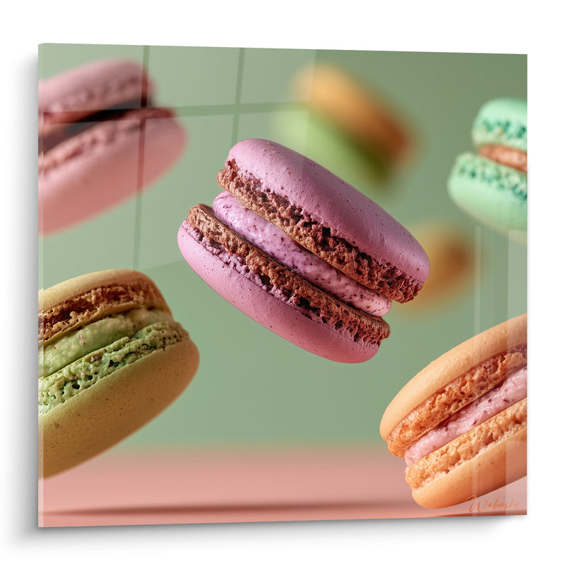 Tableau Macarons roses et verts en suspension - Gourmandise en apesanteur - Edition Macaron