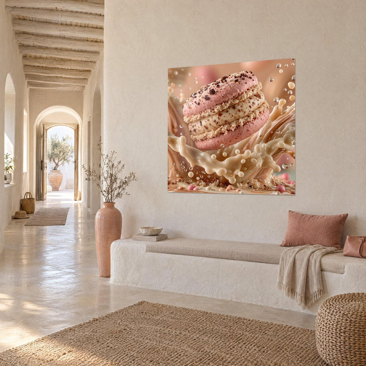 Tableau biscuit rosé fourré de crème beige moucheté de brun, en suspension sur un jaillissement de lait, vue de trois-quarts