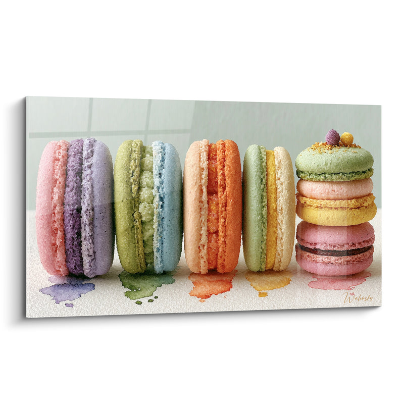 Tableau Macarons violet et orange en rangée alignée - Flaques d'aquarelle fondue - Edition Macaron