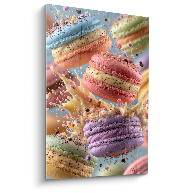 Tableau Macaron mauve et rose éclaboussure de crème - Chute en apesanteur - Edition Macaron