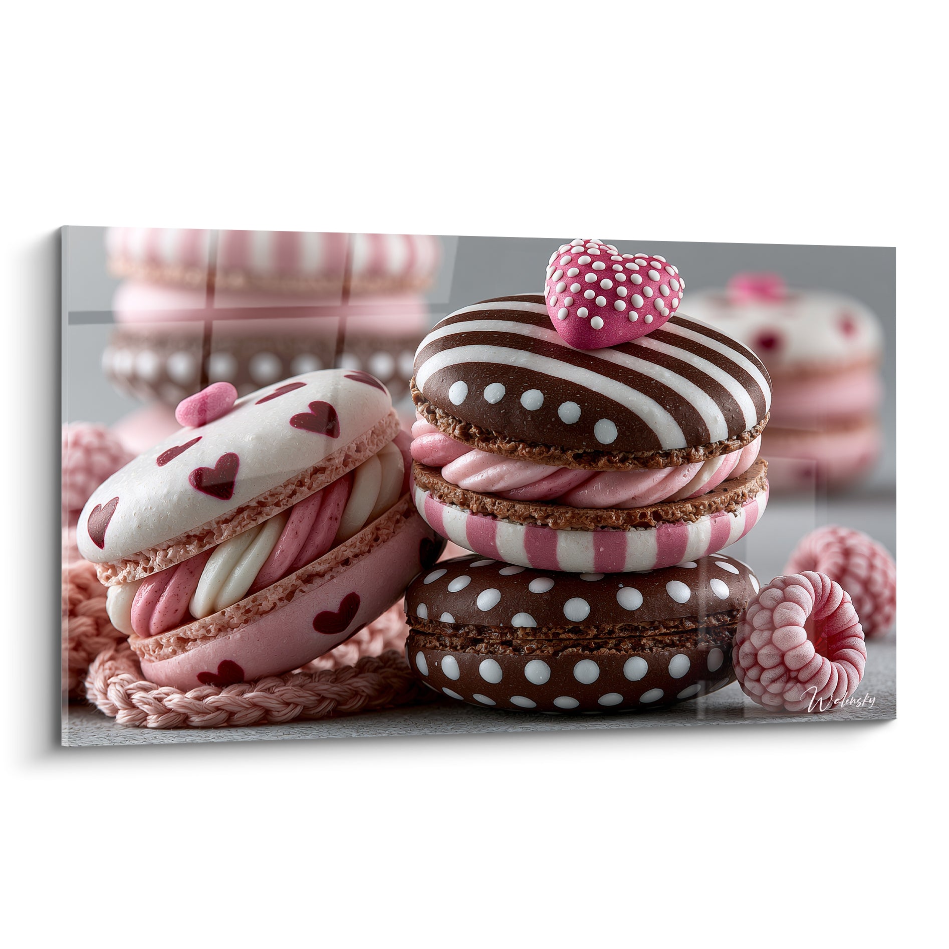 Macarons roses et bruns empilés, motifs cœurs et pois blancs, texture crémeuse gourmande