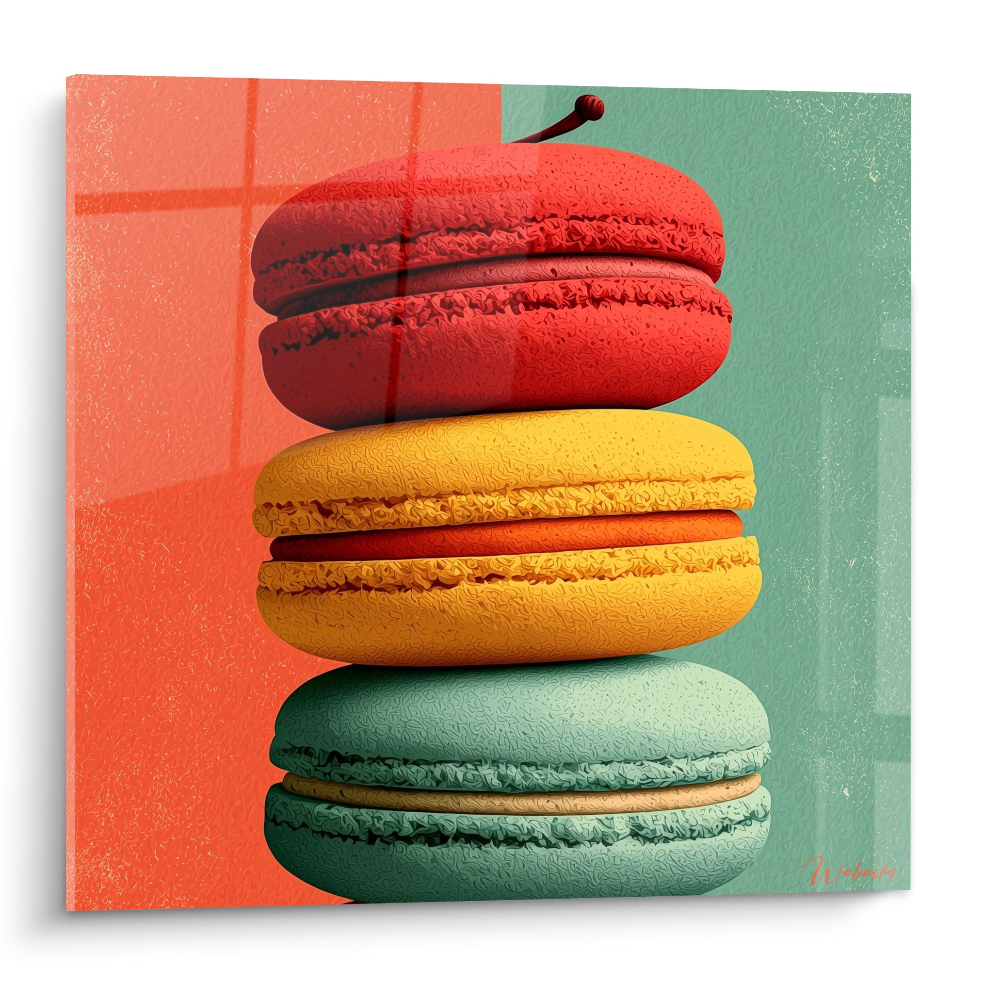Macaron rouge cerise, jaune safran et vert menthe empilés sur fond corail texturé