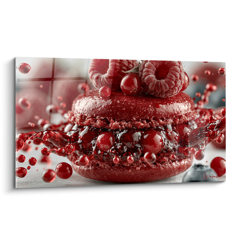 Tableau Macaron rouge et grenat surmonté de framboises givrées - Groseilles en suspension - Edition Macaron