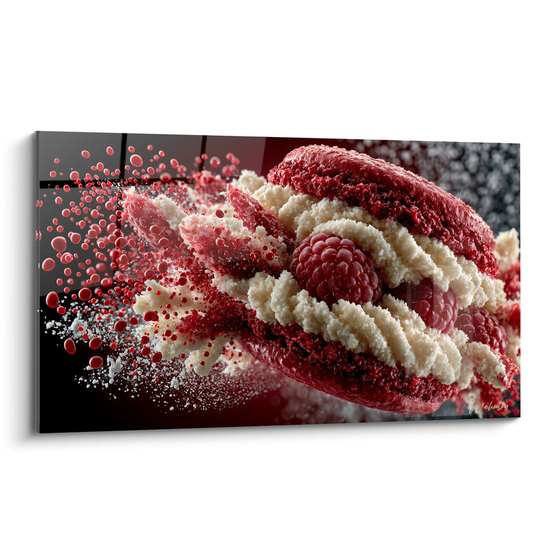 Tableau Macaron grenat et ivoire aux framboises entières - Fond carrelé noir - Edition Macaron