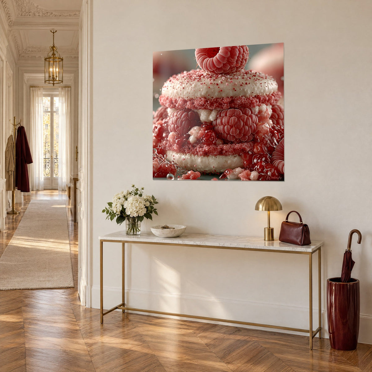 Tableau pâtisserie rose et blanche, framboises luisantes entre deux coques, console dorée dans un couloir haussmannien