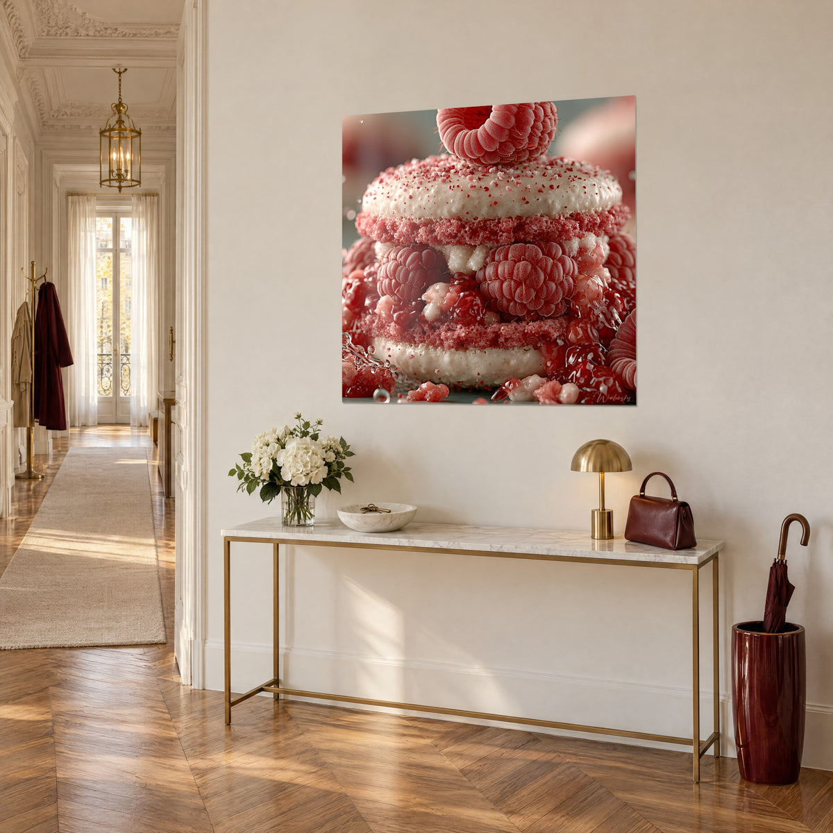 Quadro pasticceria rosa e bianca, lamponi lucenti tra due gusci, console dorata in un corridoio in stile haussmanniano