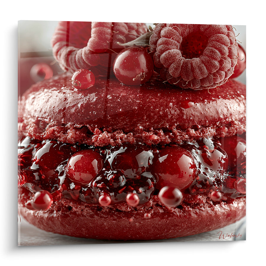 Tableau Macaron rouge et grenat aux groseilles givrées - Framboise givrée en couronne - Edition Macaron