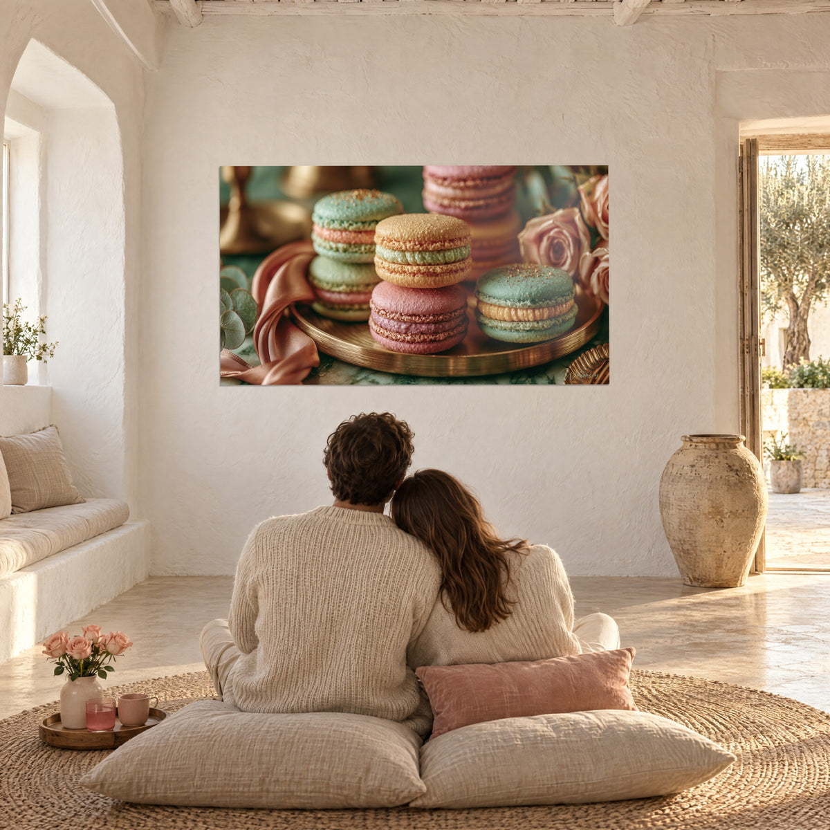 Quadro di dolcetti pastello menta, rosa e pesca, nastro satinato e vassoio bronzo, di fronte a una coppia di spalle seduta sui cuscini