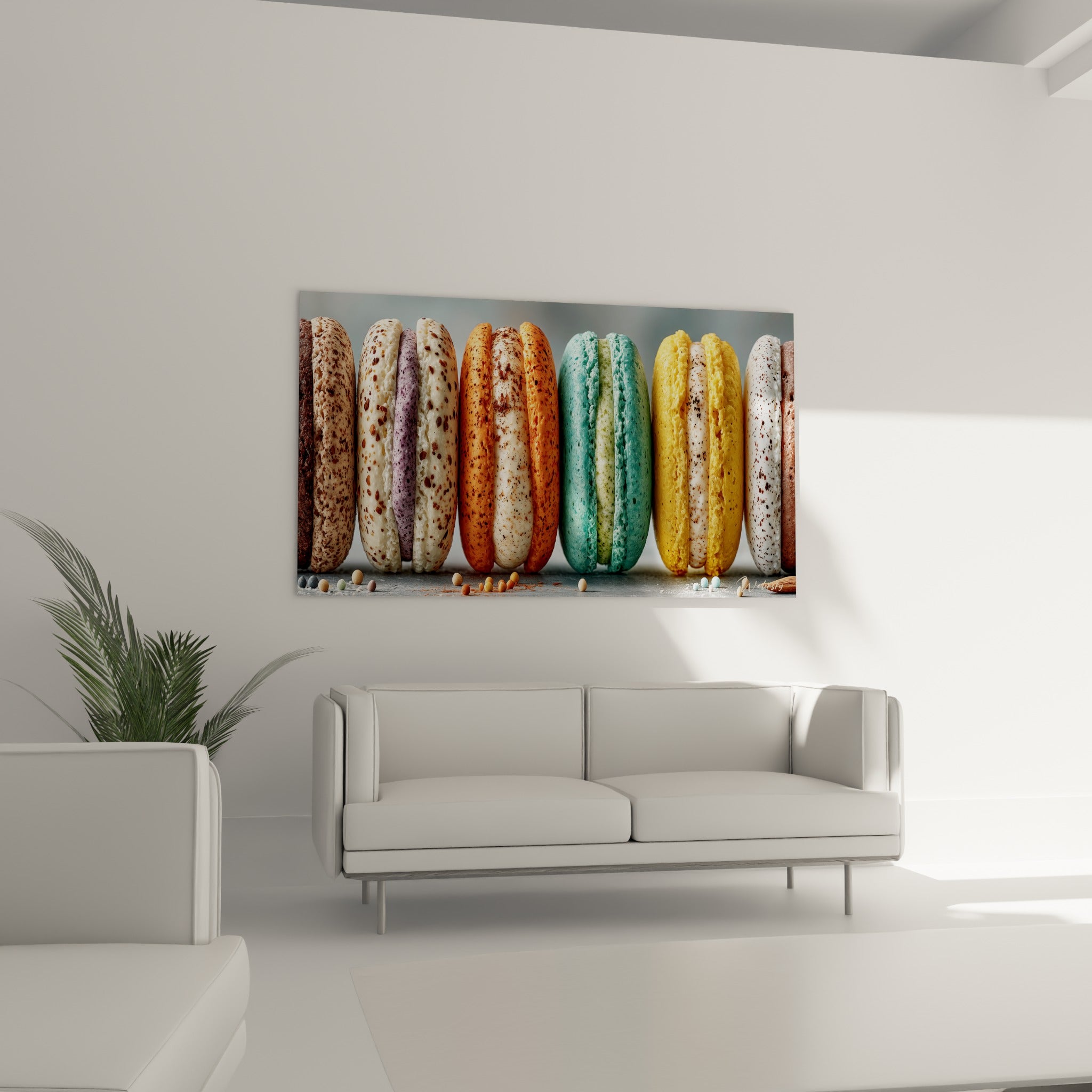 Macarons colorés mouchetés de brun et jaune safran, au-dessus d'un canapé dans un salon lumineux