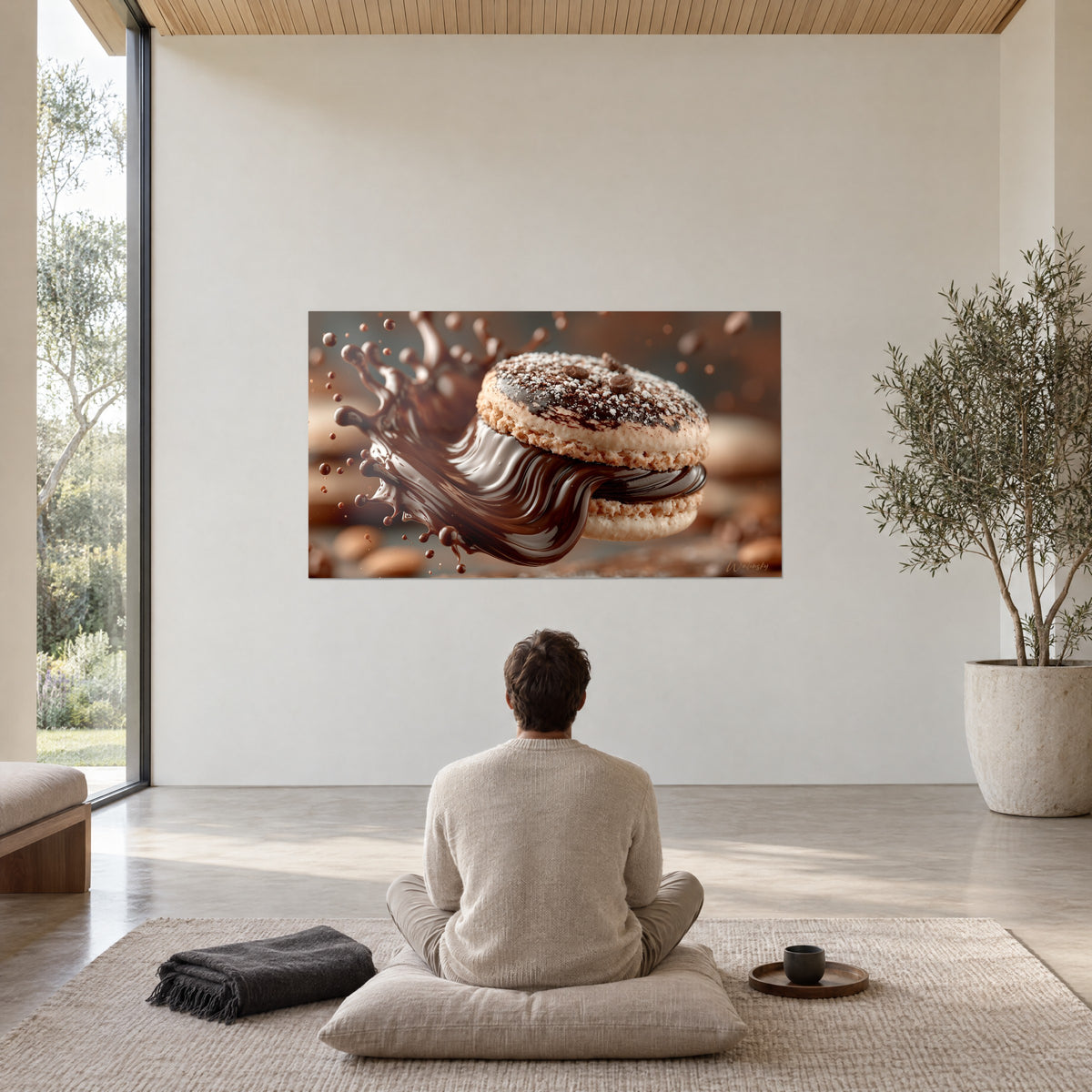 Wall art weightless chocolate sweetness, glossy ganache, hazelnut flecks and white sugar, minimalist room with an olive tree