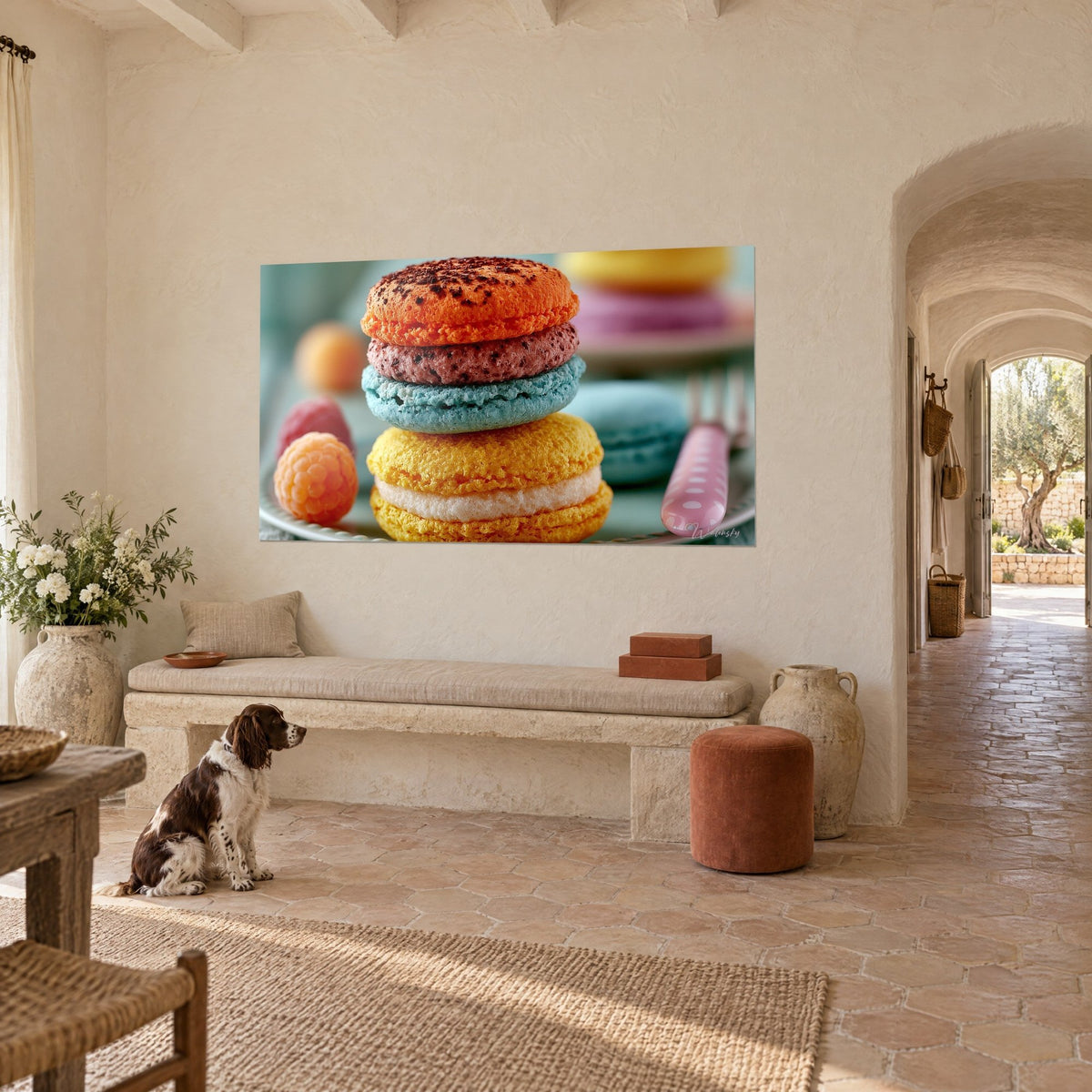 Tableau trois macarons empilés, coques orange saupoudrées de cacao et bleu ciel, framboise rose, dans un mas provençal