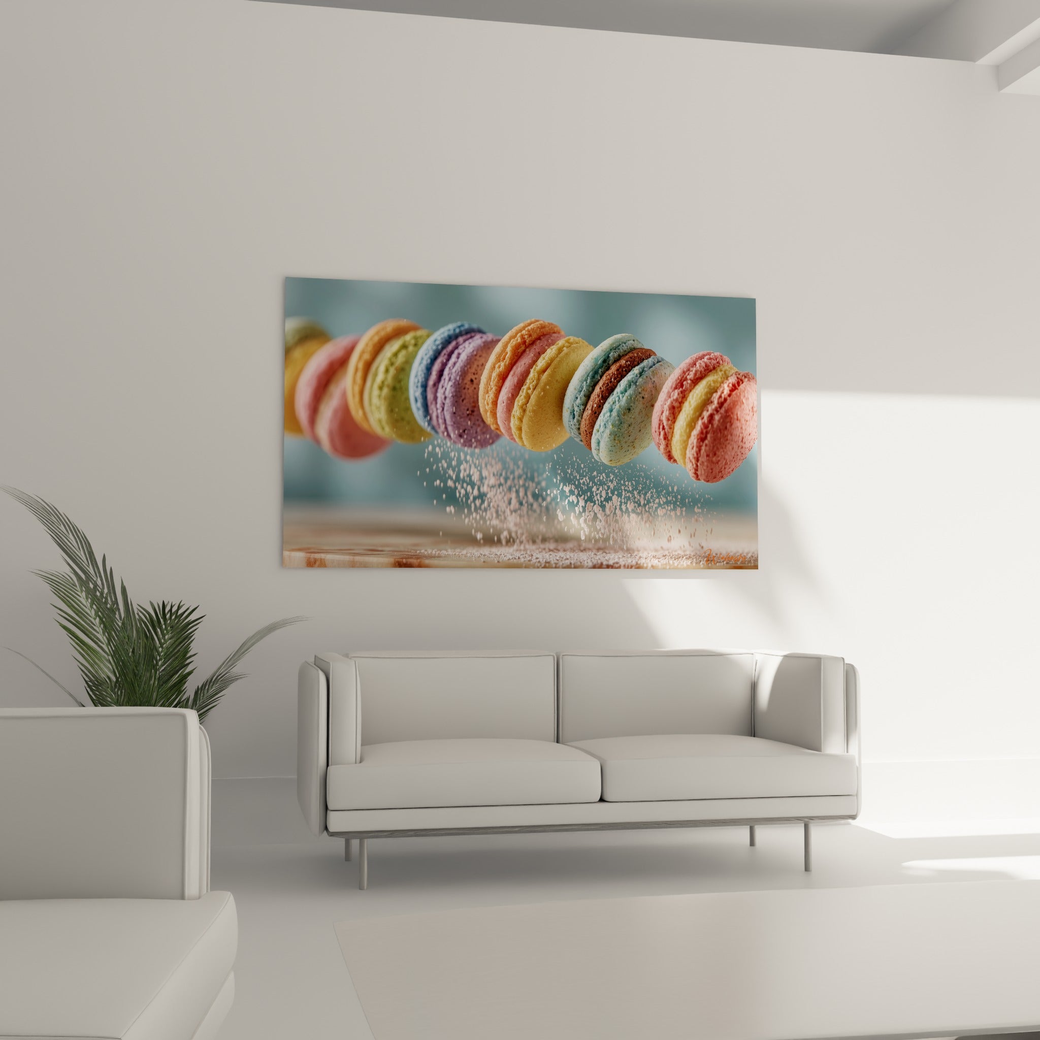 Pâtisseries multicolores saupoudrées de sucre glace au-dessus d'un canapé dans un salon lumineux
