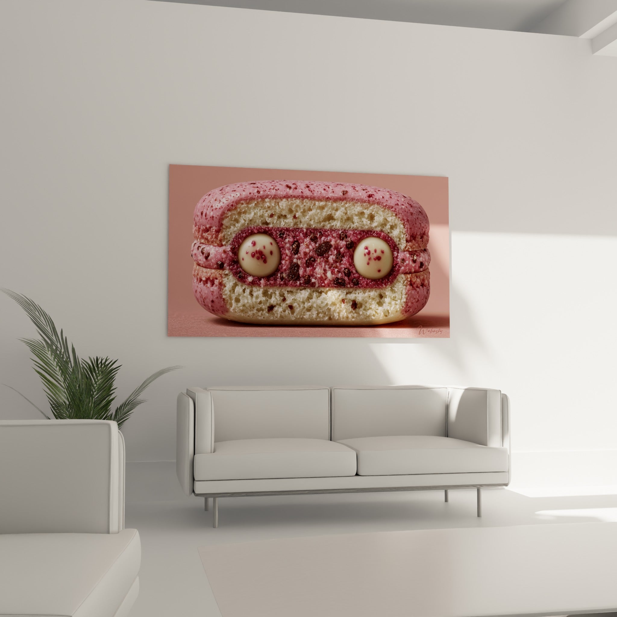 Détail du macaron rose et bordeaux accroché au-dessus d'un canapé dans un salon lumineux