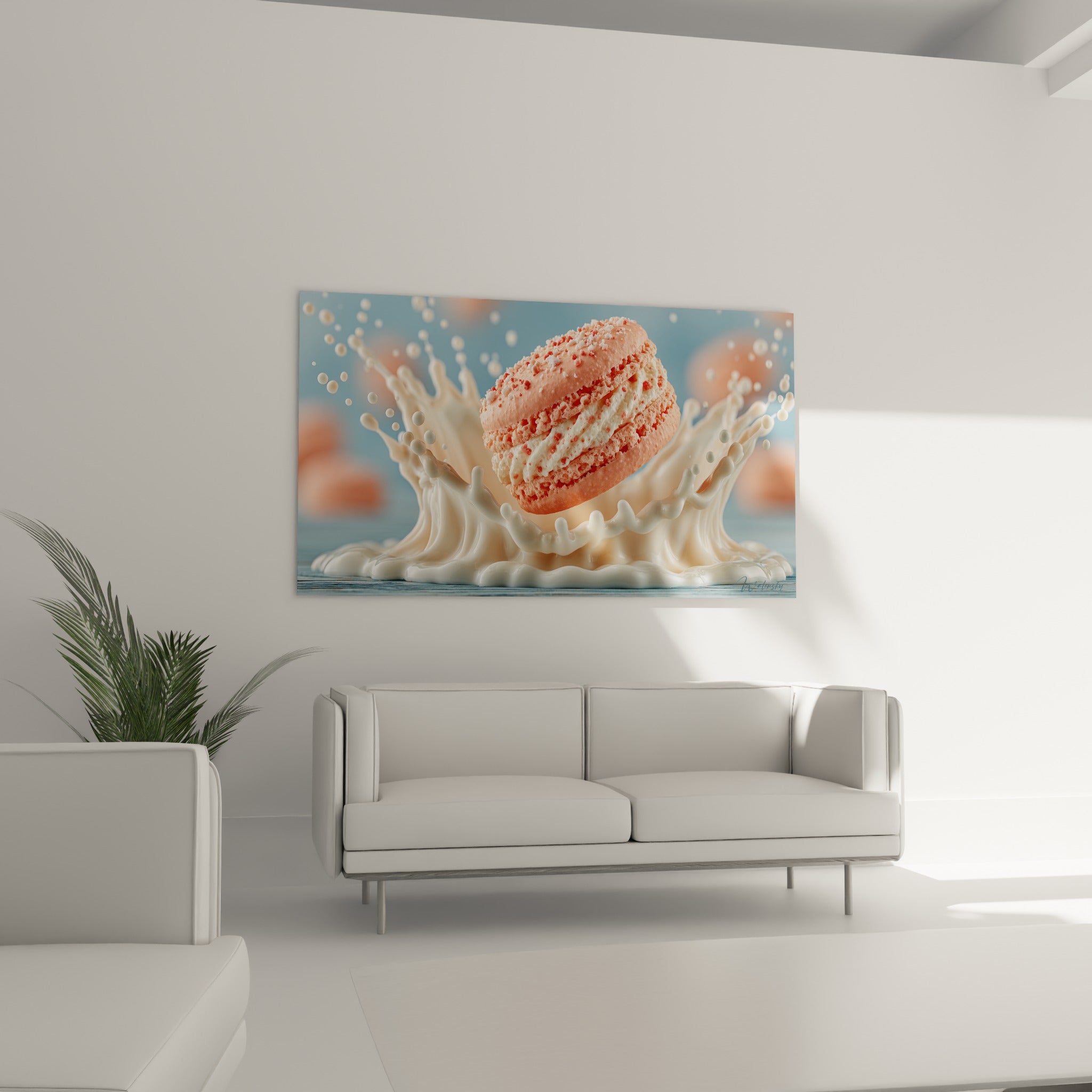 Macaron rose et éclaboussure crémeuse au-dessus d'un canapé dans un salon lumineux