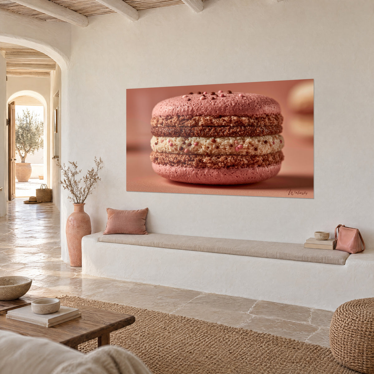 Tableau biscuit pâtissier rose poudré et brun cacao, ganache ivoire perlée, sur un mur chaulé près d'une banquette