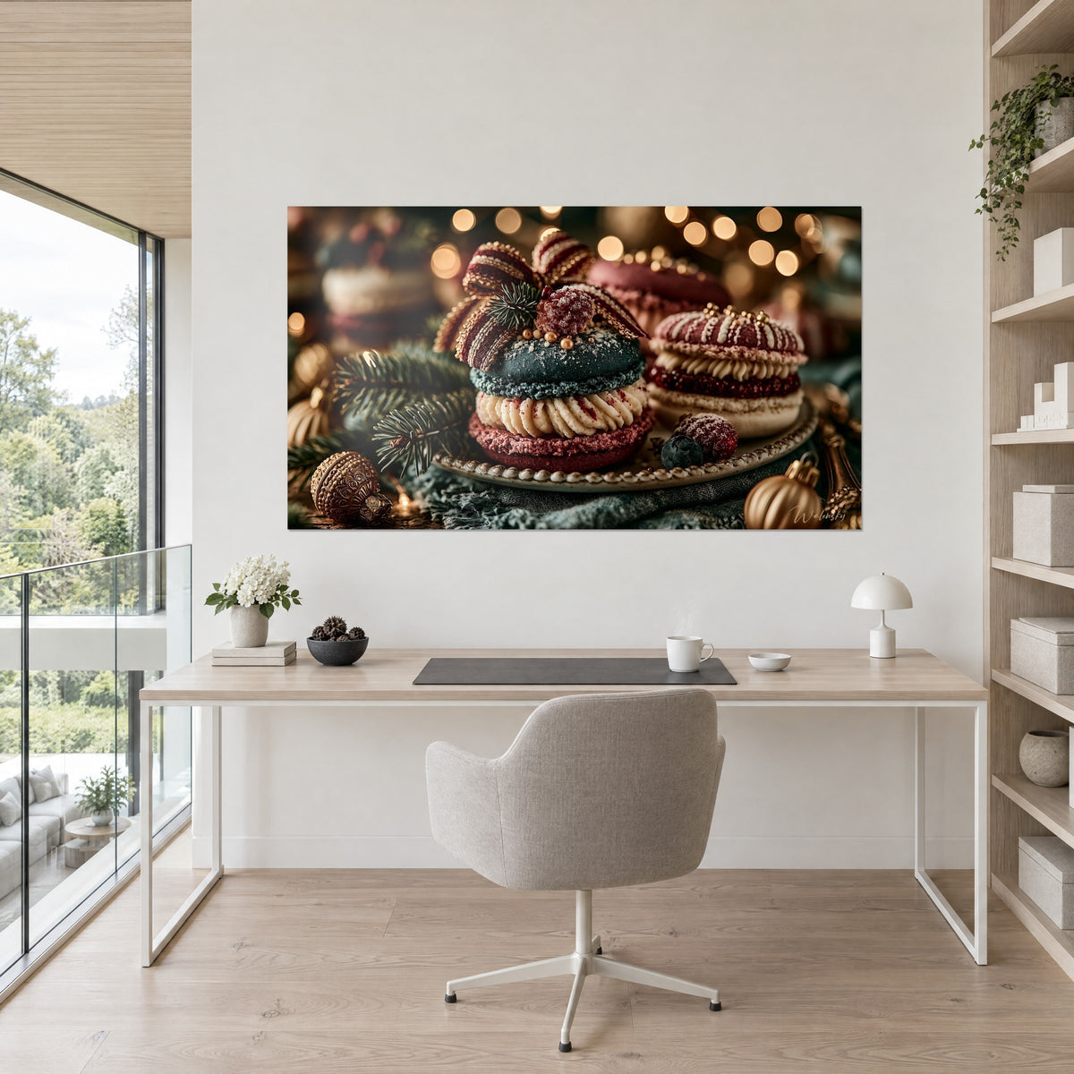 Quadro dolcetti natalizi, macaron glassato blu petrolio, lampone rosso zuccherato, abete verde, appeso sopra una scrivania in legno chiaro
