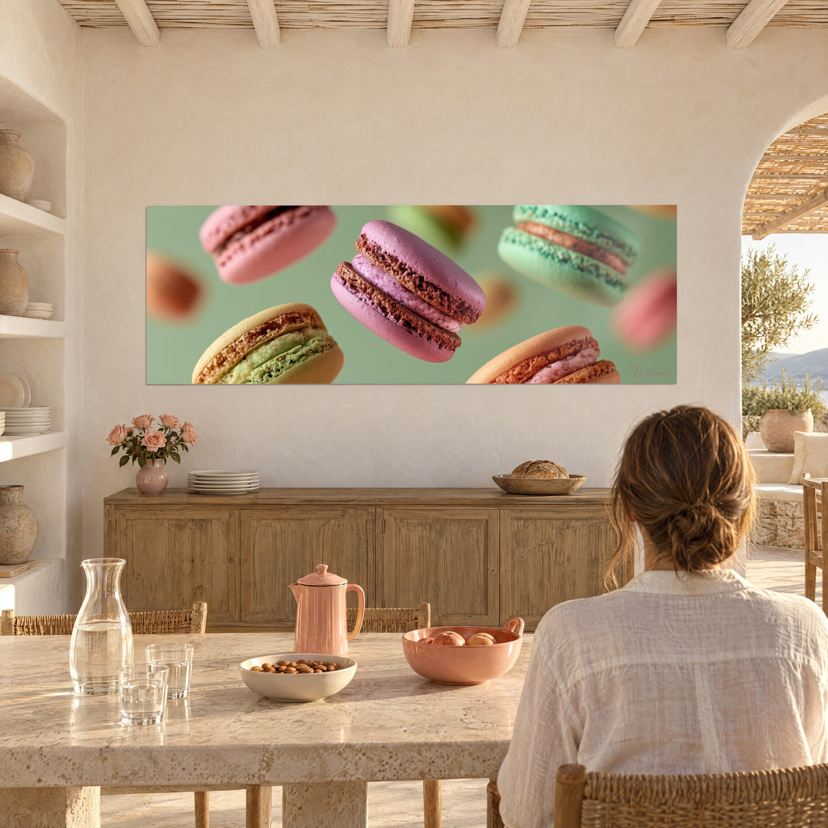 Wall art floating treats, orange and mauve shells on soft blurred green background, dining room, light wood sideboard