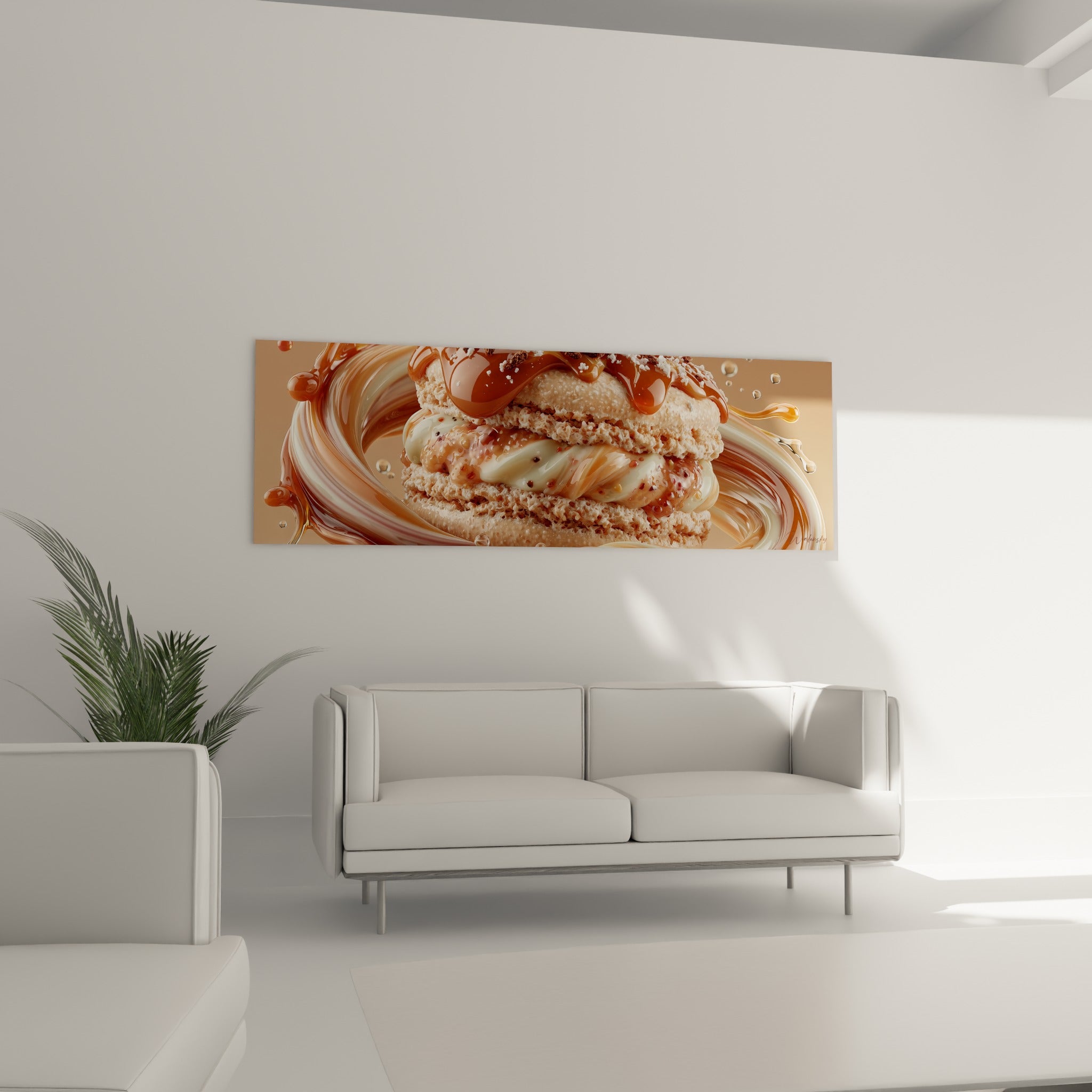 Macaron nappé de sirop doré et texture granuleuse beige au-dessus d'un canapé dans un salon lumineux