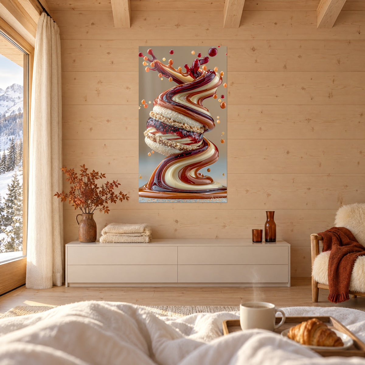 Quadro biscotto rotondo con schizzi granata e caramello, gocce dorate sospese, sopra un letto in una camera luminosa