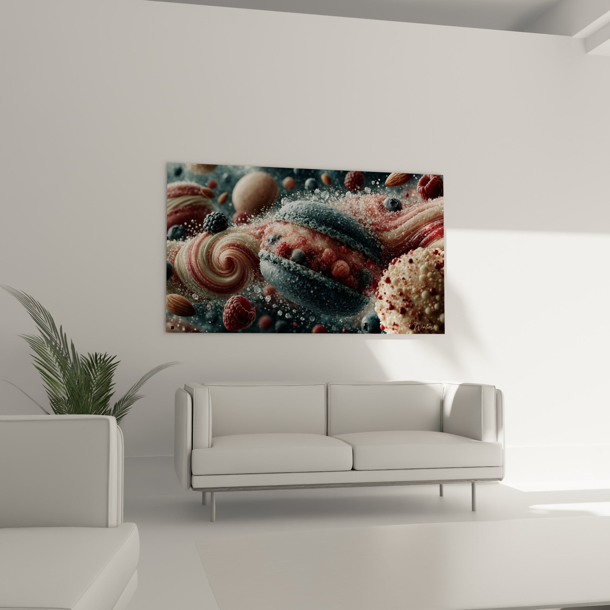Fruits rouges et macaron anthracite en spirale crémeuse au-dessus d'un canapé dans un salon lumineux