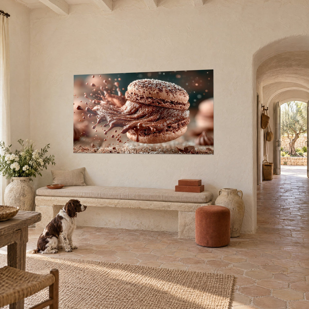 Tableau biscuit rond fourré de ganache fondue, tons beige et brun, spaniel assis devant un banc de pierre dans un mas provençal