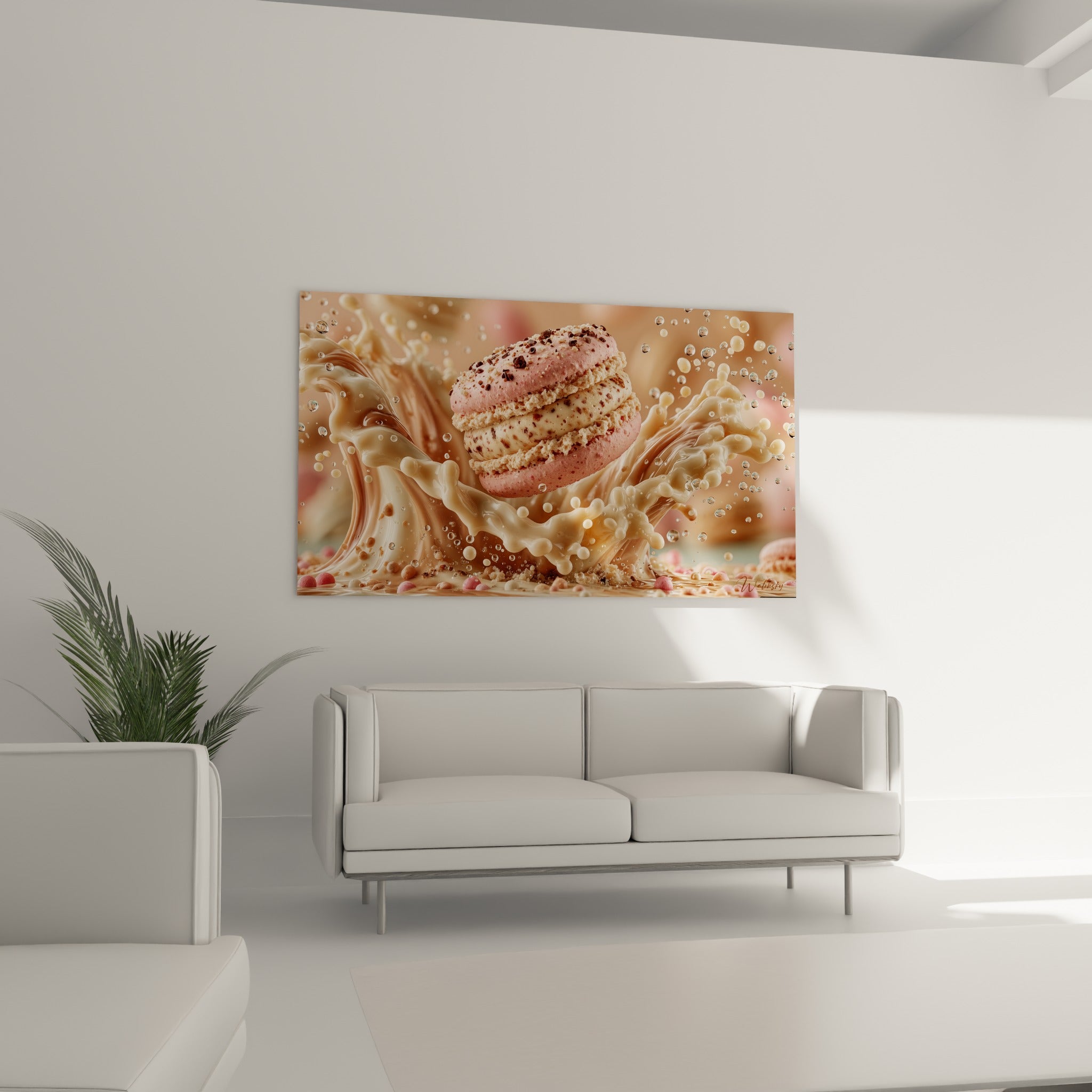 Explosion crémeuse rose et ivoire autour d'un macaron au-dessus d'un canapé dans un salon lumineux