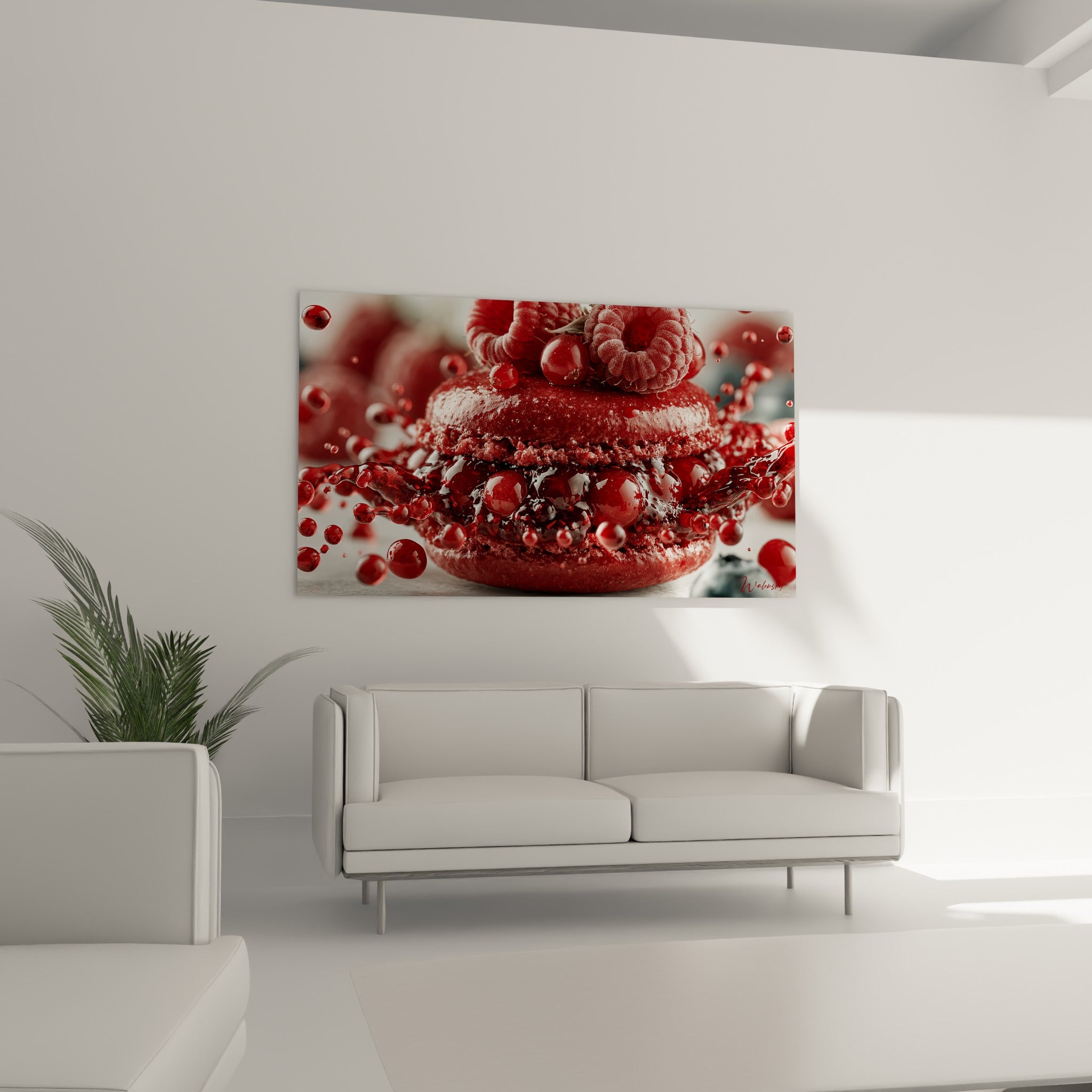 Splash rouge intense entourant un macaron gourmand au-dessus d'un canapé dans un salon lumineux
