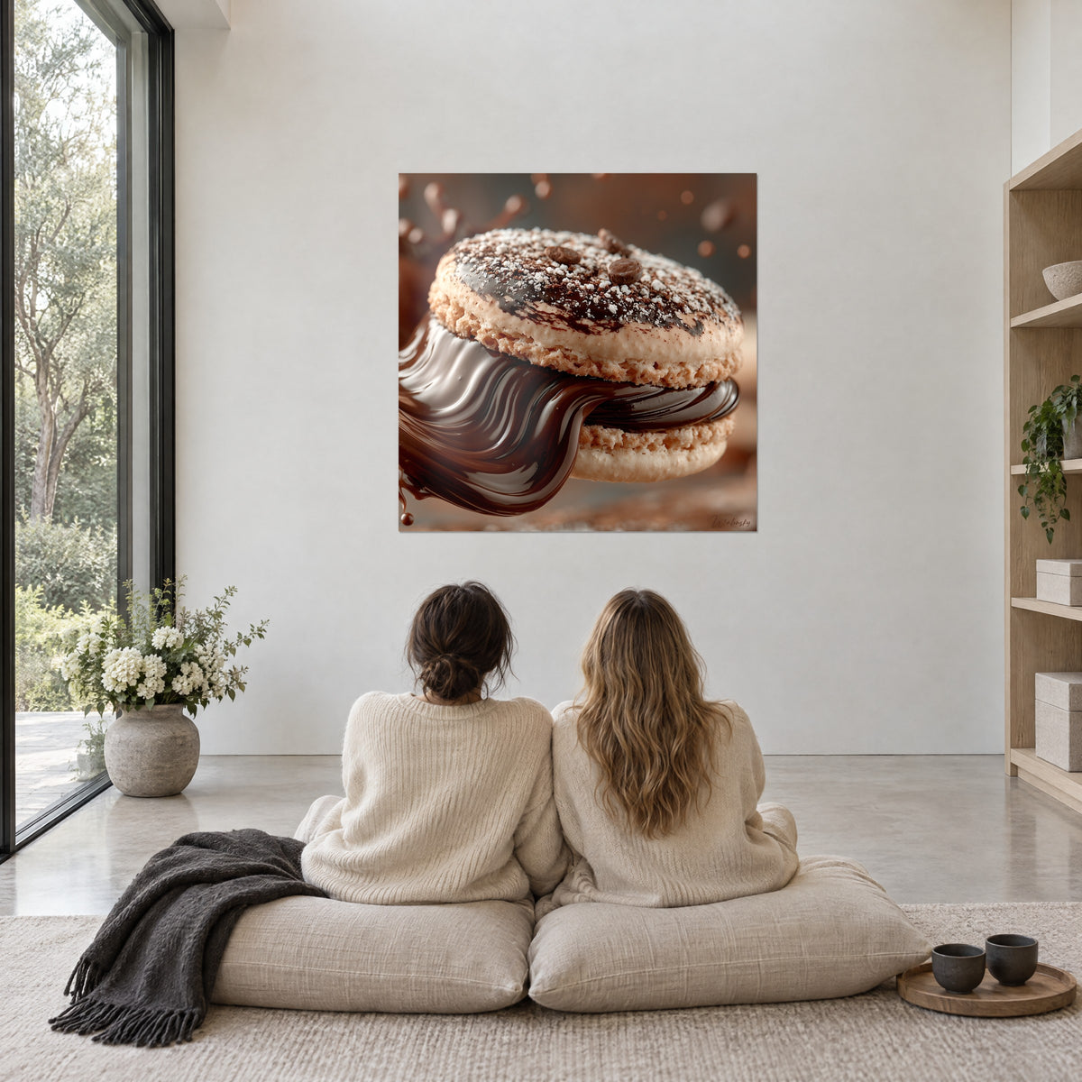 Cuadro sándwich de bizcocho con crema de cacao fluida, reflejos caramelo y marrones, contemplado por dos mujeres sentadas