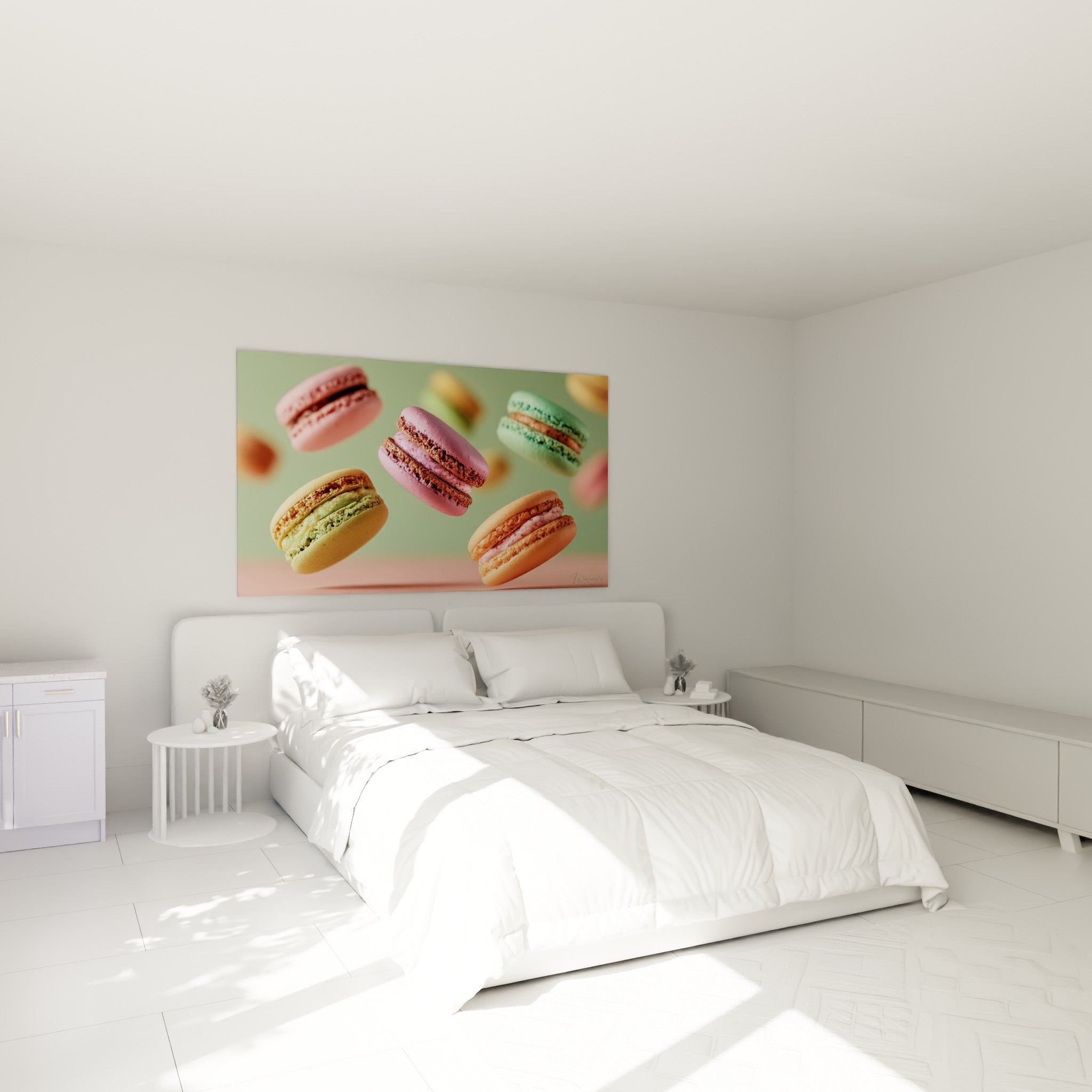 Macarons colorés en lévitation, tons rose et vert, accrochés au-dessus d'un lit dans une chambre claire