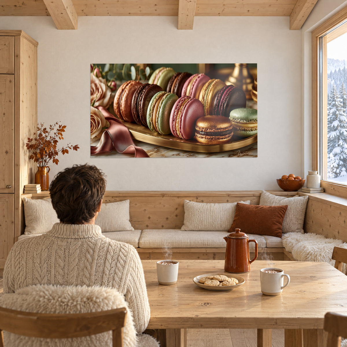 Wall art of a row of pastel macarons on a brass tray, copper ribbon and ivory petals, facing a light wood table, chalet