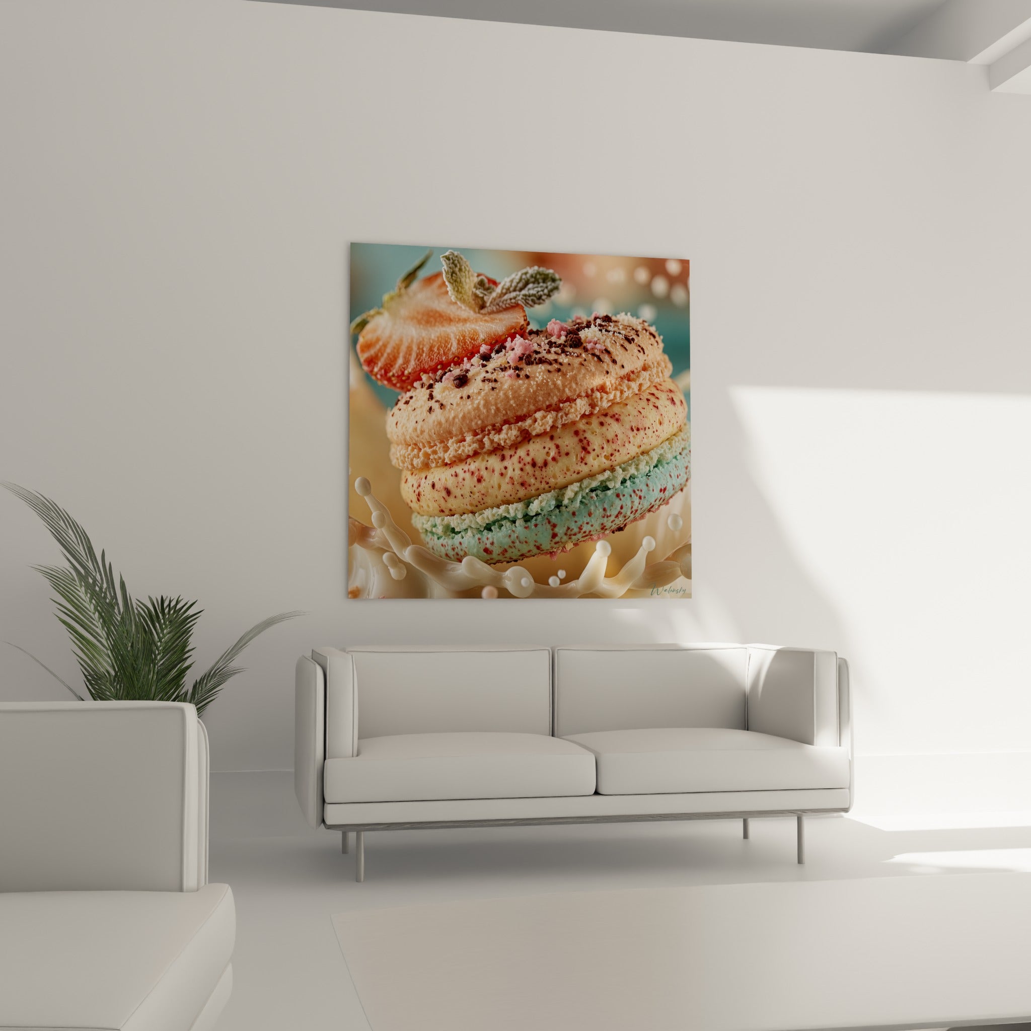 Macaron crème et terracotta orné d'éclats de chocolat, au-dessus d'un canapé dans un salon lumineux