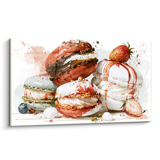 Macarons empilés en terracotta et blanc, coulées de caramel et fraise entière au sommet