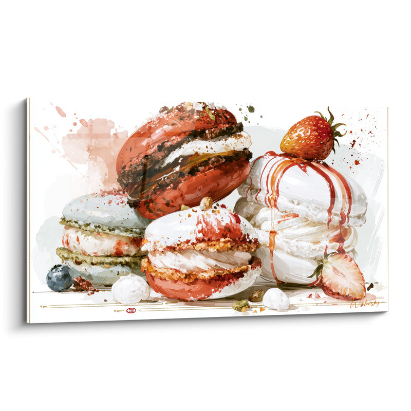Tableau Macaron corail et blanc surmonté d'une fraise - Myrtille et pistaches éparses - Edition Macaron