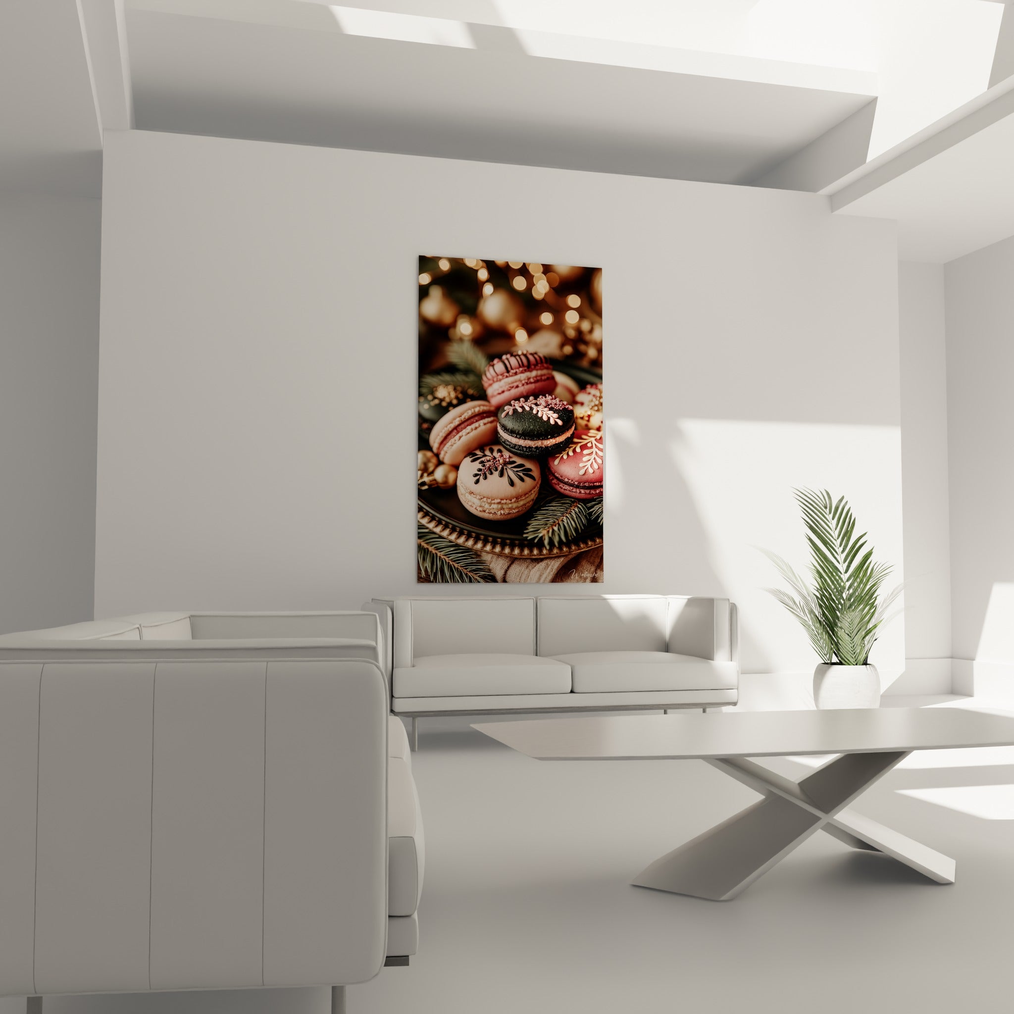 Macarons terracotta et anthracite garnis de motifs délicats, disposés au-dessus d'un canapé dans un salon lumineux