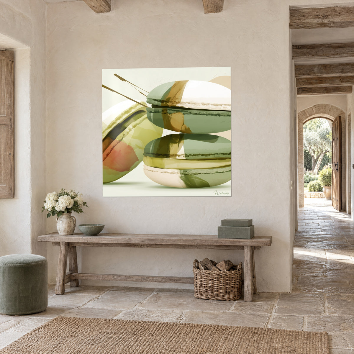 Tableau trois biscuits pistache aux coques sauge et crème, touche ocre sur mur de pierre, couloir voûté d'une maison de campagne