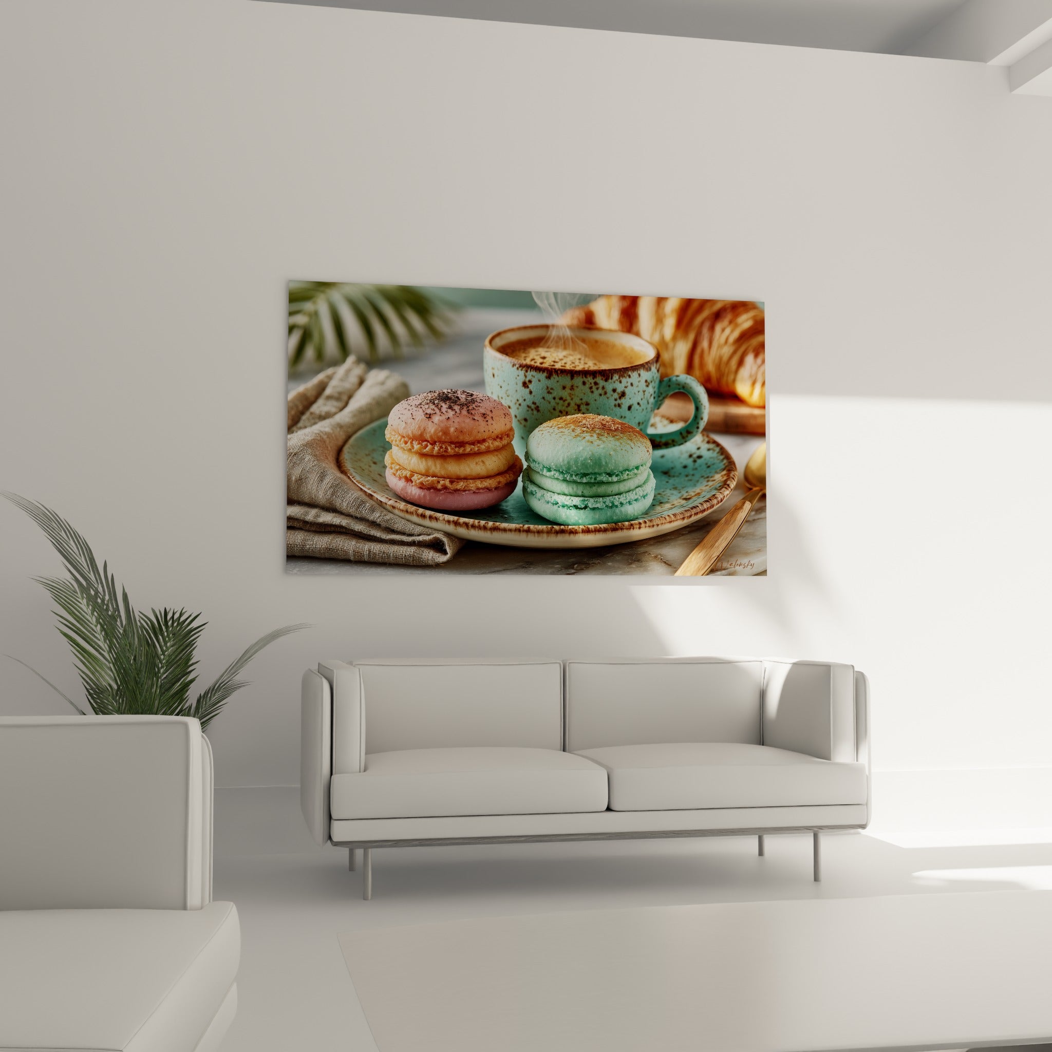 Macarons roses et vert menthe empilés au-dessus d'un canapé dans un salon lumineux